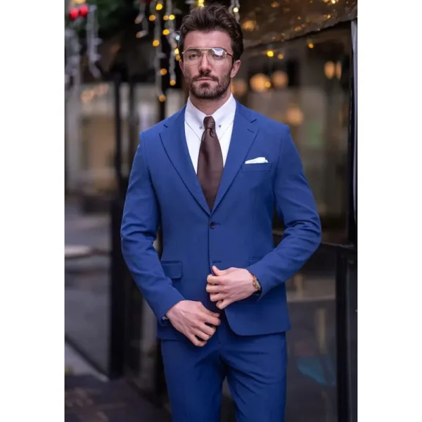 Fashion Blue Men's Suits Notch Lapel 2 Piece Jacket Pants Blazer Sets Slim Fit Formal Fashion Business Gentleman Male Clothing