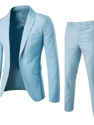 1 Set Men Blazer Pants Solid Color Long Sleeve Turndown Collar Slim Fit Temperament One Button Pockets Suit Set Men Clothes 2