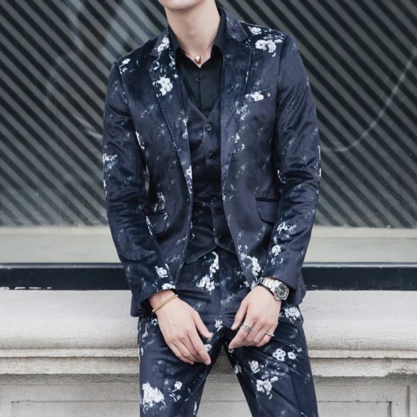 Spring three-piece Men Suits Jacket Vest Pant Fashion High Quality Suit Blazers and Trousers Floral Printed Asian size S-5XL