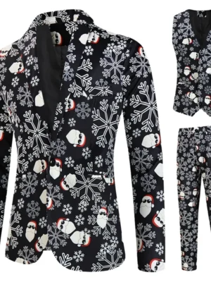 Men Christmas Suit Funny Long Sleeve Single Breasted Jacket with Vest Pants Set Formal Outfit