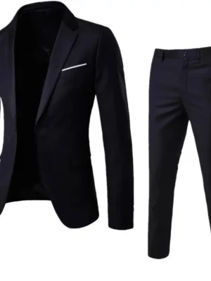 1 Set Men Blazer Pants Solid Color Long Sleeve Turndown Collar Slim Fit Temperament One Button Pockets Suit Set Men Clothes