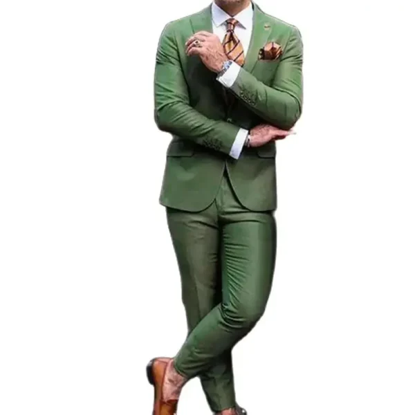 Fashion Green Men's Suits Notch Lapel 2 Piece Jacket Pants Male Clothing Slim Fit Business Gentleman Formal Wedding Blazer Sets