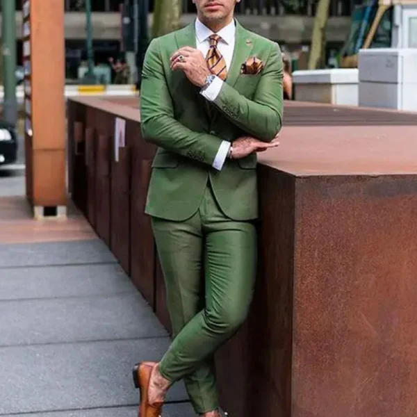 Fashion Green Men's Suits Notch Lapel 2 Piece Jacket Pants Male Clothing Slim Fit Business Gentleman Formal Wedding Blazer Sets
